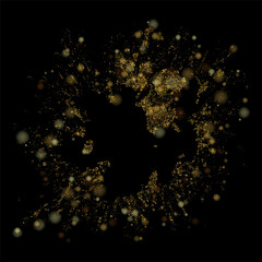 Explosion of confetti, golden dust particles with golden glitter. Sparkling shiny texture effect, bokeh, design elements.