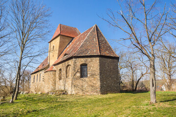 Fototapeta na wymiar Historic St. Nicolai church on top of the hill in Seeburg, Germany