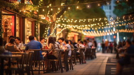 Bokeh background of Street Bar beer restaurant, outdoor in asia, People sit chill out and hang out dinner and listen to music together in Avenue, Happy life ,work hard play hard. Generative Ai - obrazy, fototapety, plakaty