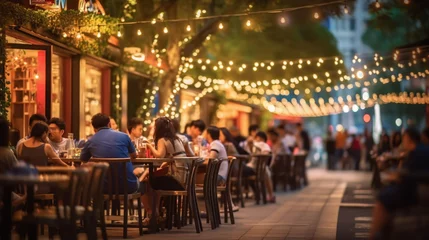 Abwaschbare Fototapete Camping Bokeh background of Street Bar beer restaurant, outdoor in asia, People sit chill out and hang out dinner and listen to music together in Avenue, Happy life ,work hard play hard. Generative Ai