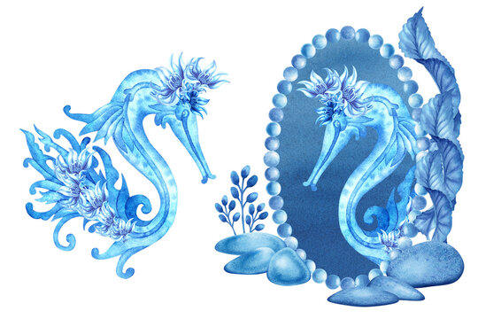 Monochrome watercolor illustration of a blue magic  seahorse trying on hats and jewelry and looking in the mirror. For invitations, patterns, fabrics, wallpapers, stickers, postcards.