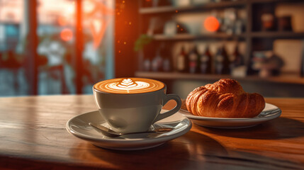 Capture the essence of a cozy café scene  with a latte art masterpiece and a selection of freshly baked pastries. made with ai generative