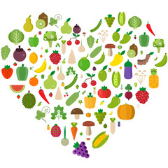 Heart vegetables fruits, vegetables, organic. Flat vector design 