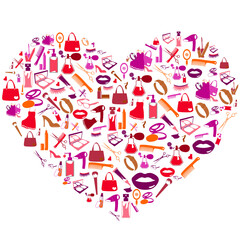 cosmetic, make up and beauty icons and background heart shape.