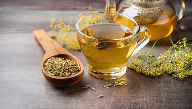 Herbal infusion fennel tea in glass cup and glass tea pot with dried fennel seeds in wooden shovel. Herbal tea alternative medicine background concept.