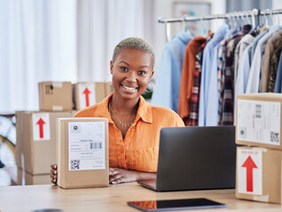 Black woman, portrait and box of fashion designer in small business logistics or service at...