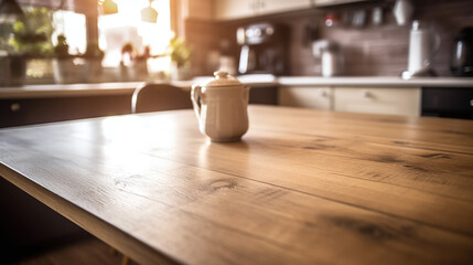 Fototapeta na wymiar close up empty table in kitchen interior. Generative Ai
