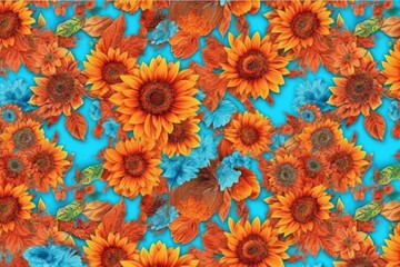 vibrant blue and orange background with bright yellow sunflowers