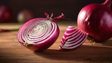 close up of sliced red onion and whole red onion on a wooden table. Generative Ai - obrazy, fototapety, plakaty