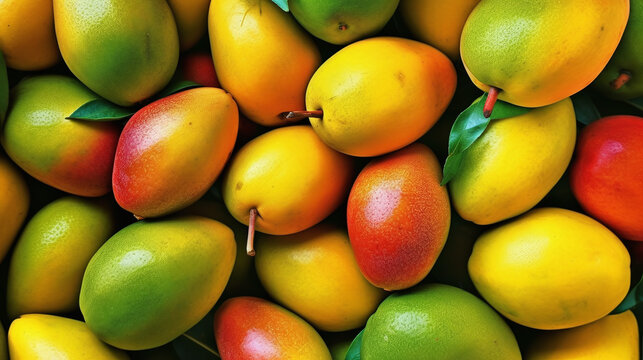Background of fresh mango arranged together representing concept of health diet. Top view. Generative Ai