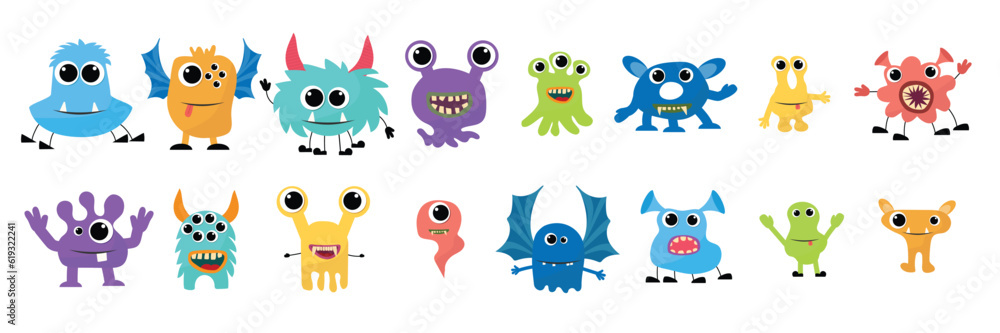 Wall mural Cute Monsters Vector Set. Kids cartoon character design for poster, baby products logo and packaging design.