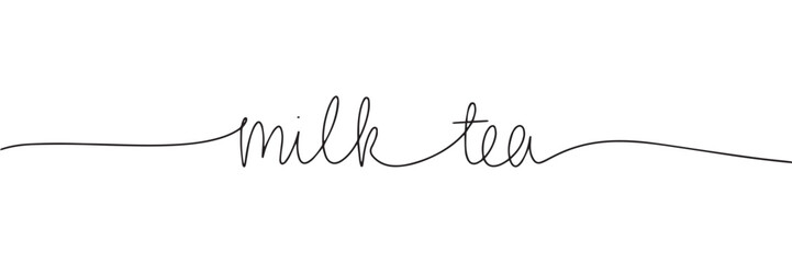 Milk tea word - continuous one line with word. Minimalistic drawing of phrase illustration.