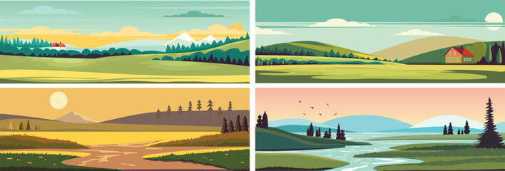 Set of decorative long banners with abstract modern colored landscapes. Collection of backgrounds of nature, forest, sea of summer seasons for covers, cards, decor. Vector illustration