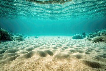 Fototapeta na wymiar n underwater sandy ocean floor view. Generative AI