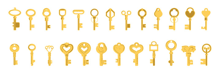 Keys icons set, isolated. Closing and opening doors. Gold keys signs and symbols collection. Locking and unlocking doors vintage keys pictogram, vector illustration.