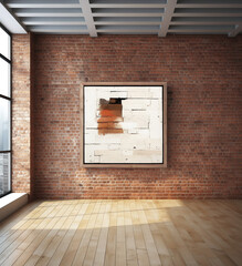 Naklejka na ściany i meble empty frame on pallets and on brick wall 3d illustration with 3d rendering, generative ai