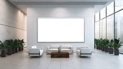 Empty advertising billboard frame on wall in office lobby copy space for mock up design template. generative ai.