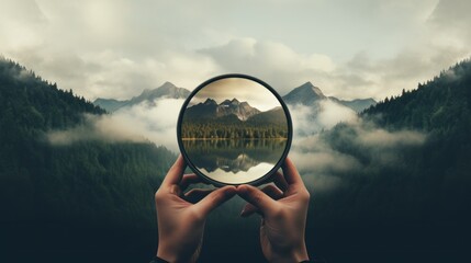 Minimalist depiction of a person holding a camera, capturing the beauty of nature through a lens  - obrazy, fototapety, plakaty