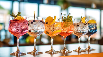 Five colorful gin tonic cocktails in wine glasses on bar counter in pup or restaurant. - obrazy, fototapety, plakaty