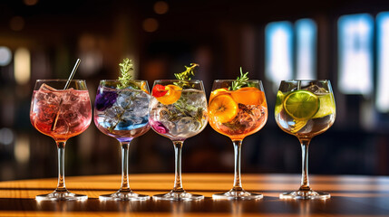 Five colorful gin tonic cocktails in wine glasses on bar counter in pup or restaurant.