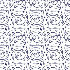 A pattern of linear arrows of different shapes and directions in a street style with a blue marker on a white background. Arrows and details, mini drawings, stars, highlights, hearts. Texture.