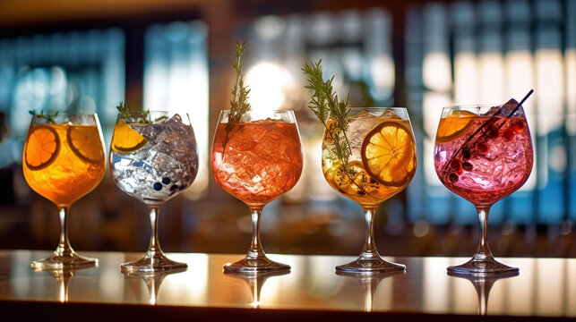 Five colorful gin tonic cocktails in wine glasses on bar counter in pup or restaurant.