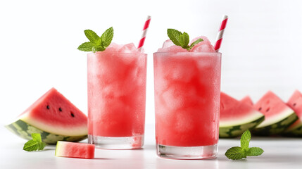 Fresh summer mocktail watermelon juice with ice in a two glass and glass straw on white background. Layout for wide banner with space for text. Generative Ai