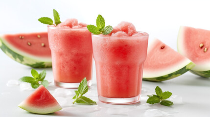 Fresh summer mocktail watermelon juice with ice in a two glass and glass straw on white background. Layout for wide banner with space for text. Generative Ai
