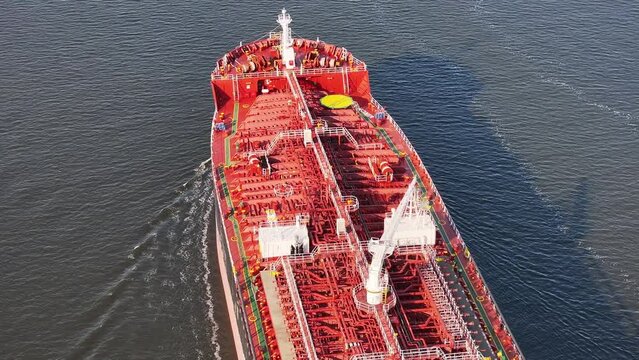 Aerial view of chemical tanker passing by on the Arthur Kill in Perth Amboy