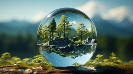Globe planet glass In a green forest with bokeh nature lights. world environment day. the concep for environment conservation, protect ecology earth and eco-friendly environmental life. Generative Ai.