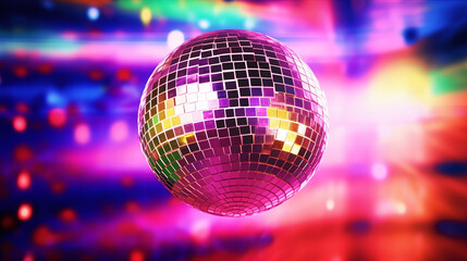 Obraz premium Glittering Disco Ball in the Air on Disco Background. Generative Ai