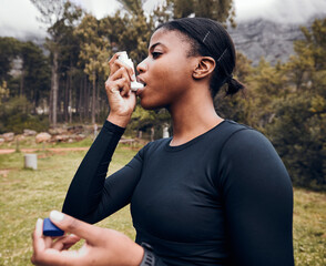 Black woman, breathe or asthma pump outdoor in park for help with health risk, cough treatment and air for exercise. Female runner, spray and medicine inhaler in nature for lungs, oxygen and wellness