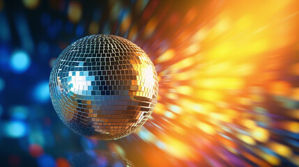 Fototapeta na wymiar Glittering Disco Ball in the Air on Disco Background. Generative Ai