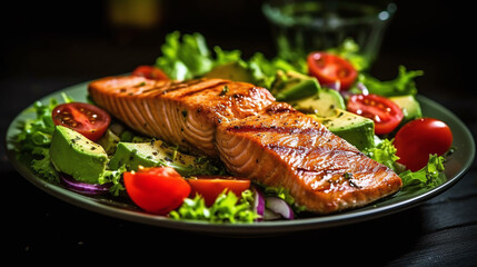 Cedar plank grilled or roasted salmon with herbs, garlic and spices. Generative AI