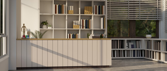 Interior design of a modern minimal and cozy reading room or bookstore