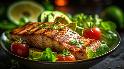 Cedar plank grilled or roasted salmon with herbs, garlic and spices. Generative AI