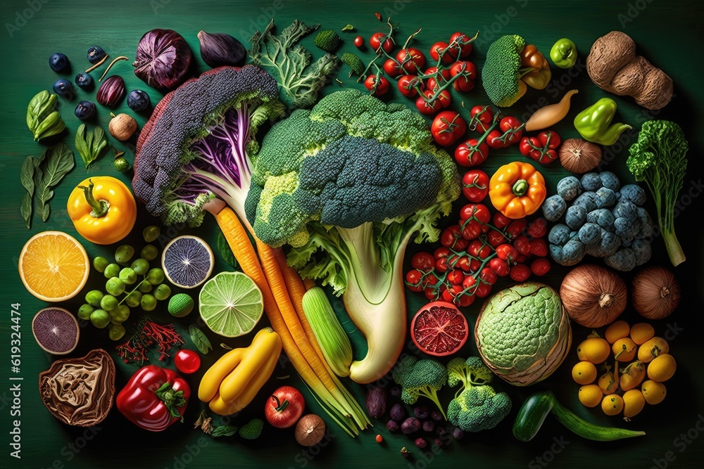 Poster various fruits and vegetables in a colorful display. generative ai