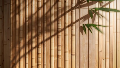 bamboo leaves on a wall, A wooden bench in front of a window. pattern, brown, AI generated