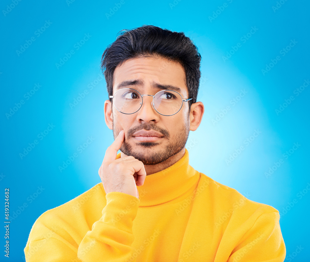 Aufkleber thinking, face or studio man planning solution, problem solving inspiration or doubt idea, question 