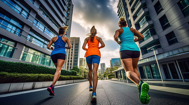 Three runners sprinting outdoors - Sportive people training in a urban area, healthy lifestyle and sport concepts. Generative Ai