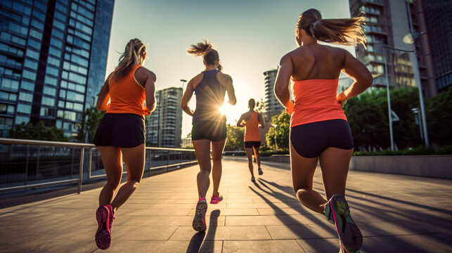 Three runners sprinting outdoors - Sportive people training in a urban area, healthy lifestyle and sport concepts. Generative Ai