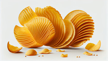  Pile of potato chips or crisps,m crispy and delicious crisps, a popular snack food enjoyed worldwide, isolated on a white background Ai generated image - obrazy, fototapety, plakaty