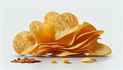  Pile of potato chips or crisps,m crispy and delicious crisps, a popular snack food enjoyed worldwide, isolated on a white background Ai generated image - obrazy, fototapety, plakaty