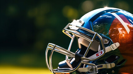 Fototapeta premium American football helmet on Football Field,stadium background ,Generative AI
