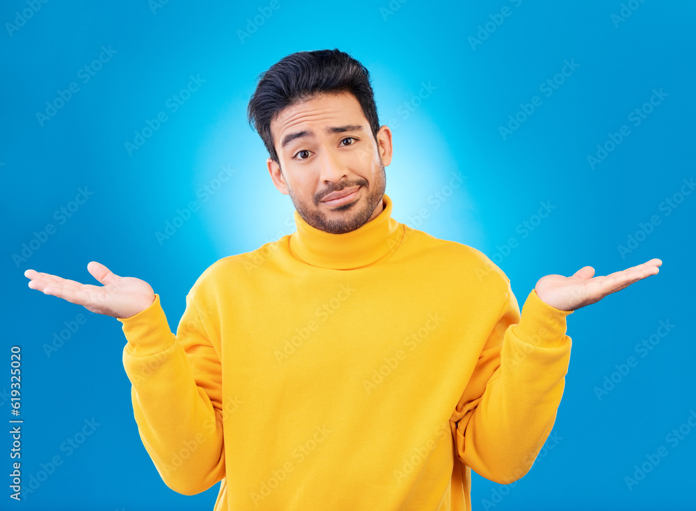Aufkleber doubt, shrug and portrait of a man in a studio with a confused hand gesture and facial expression. u