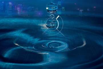 Abstract blue technology background with water, water droplets and a printed circuit board.