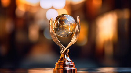 Winner or champion gold trophy cup with abstract dark blurred background. Victory first place of competition. Winning or success concept. Generative Ai