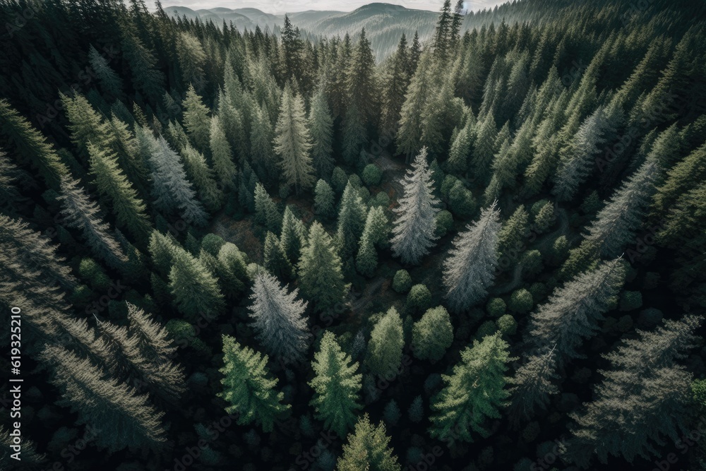 Poster serene view of tall pine trees in a dense forest. generative ai