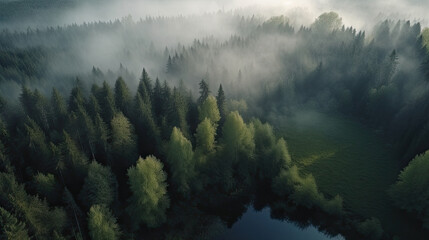 Aerial view of foggy morning in the coniferous forest