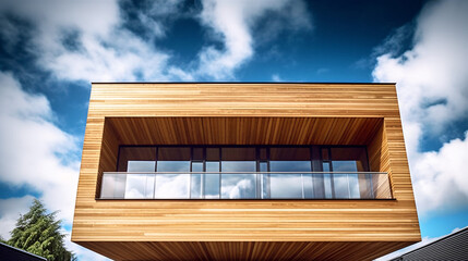 Modern timber clad building with an upward view to a cloudy blue sky. Generative Ai